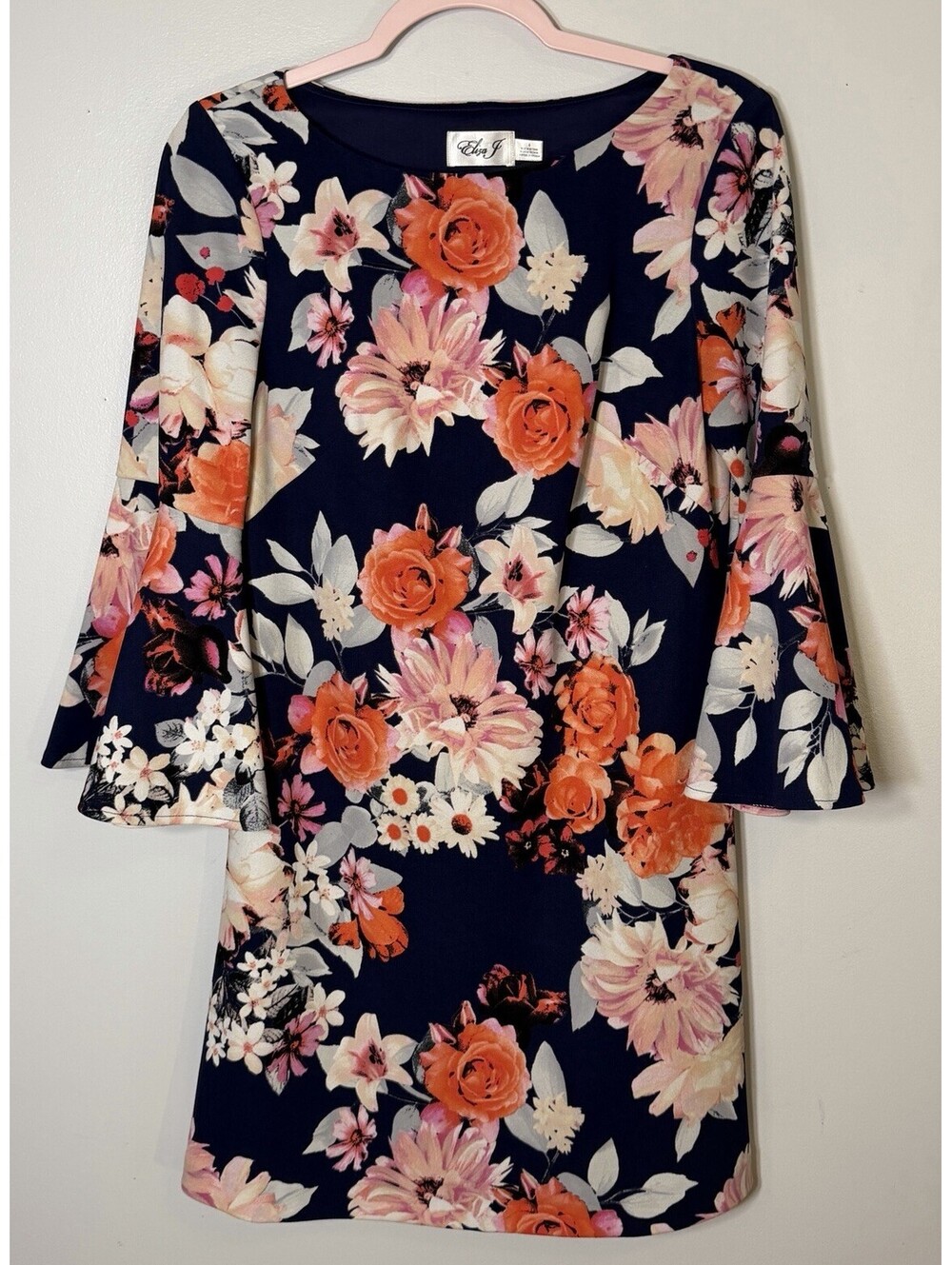 Eliza J Colorful Floral Print Bell Sleeve Shift Dress Career Wedding Guest 6 EUC